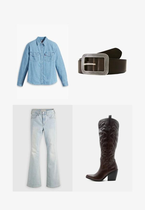 Helles blaues Denimhemd mit langen Ärmeln, spitzem Kragen, zwei Brusttaschen, Knopfleiste und subtiler Struktur. Keine sichtbaren Muster.; Hellblaue Jeans mit hoher Taille, Knopf- und Reißverschluss, Vorder- und Gesäßtaschen sowie leicht ausgestellten Beinen.; Hoher dunkelbrauner Leder-Cowboystiefel mit gestickten dekorativen Mustern, spitzer Spitze und gestapeltem Blockabsatz.; Brauner Leder Gürtel mit einer rechteckigen silberfarbenen Schnalle, die eine strukturierte Kante und einen einzelnen Riegel zum Verschließen aufweist.