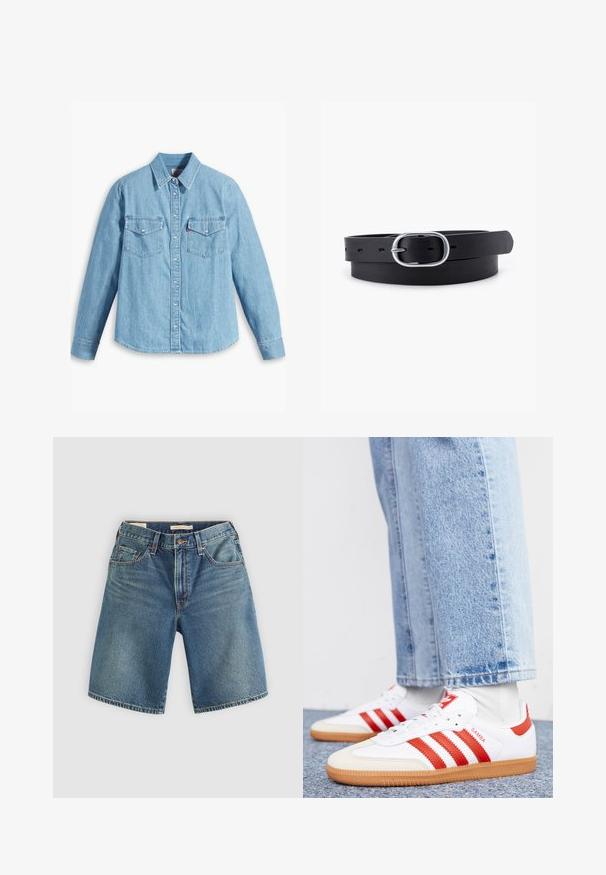 Lichtblauwe spijker blouse met lange mouwen, puntige kraag, twee borstzakken, knoopsluiting en subtiele textuur. Geen zichtbare patronen.; Leren denim shorts in lichtblauw, met vijf zakken, een ritssluiting met een knoopsluiting, en een rechte pijpdesign met een klassieke pasvorm.; Witte leren sneakers met rode strepen en accenten. Voorzien van een getextureerde gumrubberen outsole en een gevoerde kraag. Draag ze met lichtblauwe denim.; Zwarte leren riem met een gladde textuur, ovaal zilveren metalen gespsluiting en meerdere verstelgaten langs de band. Platte, minimalistische uitstraling.