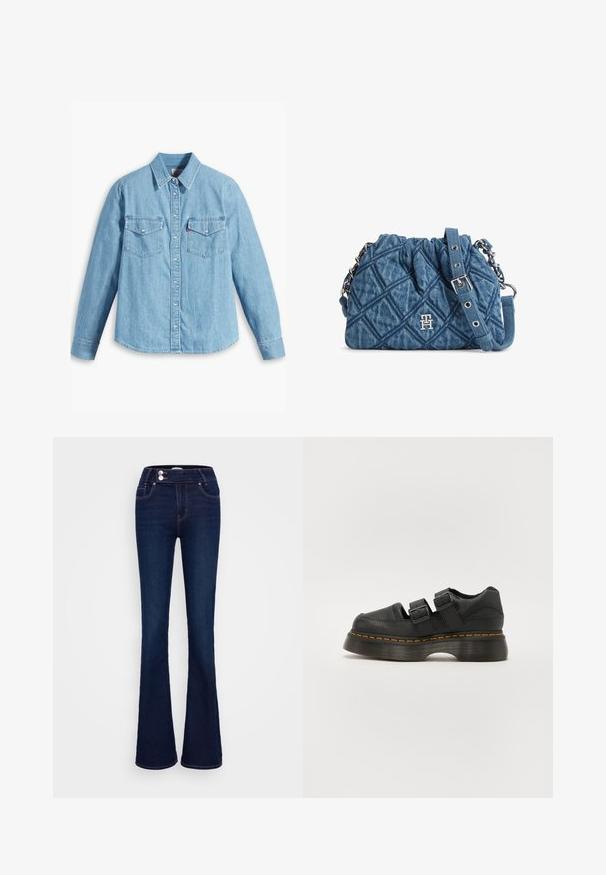 Helles blaues Denimhemd mit langen Ärmeln, spitzem Kragen, zwei Brusttaschen, Knopfleiste und subtiler Struktur. Keine sichtbaren Muster.; Dunkelblaue Schlagjeans aus Denim, mit hoher Taille, zwei Vordertaschen und einem Reißverschluss- und Knopfverschluss mit kontrastierenden Nähten.; Schwarzer Lederschuh mit zwei verstellbaren Schnallenriemen, erhabener strukturierter Sohle und sichtbaren orangefarbenen Nähten entlang der Zwischensohle.; Gesteppte blaue Denim-Schultertasche mit silberner Kettenriemen, verstellbarer Schnalle und metallischem "TH"-Logo vorne.