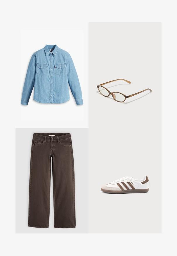 Lyseblå denimskjorte med lange ærmer, spidse krave, to brystlommer, knaplukning og subtil tekstur. Ingen synlige mønstre.; Brune straight-leg denim jeans med forlommer, møntlomme, bæltestropper og dobbelte knapper i taljen.; Hvid Adidas Samba sneaker med brune ruskindstriber, brun gummisål og beige ruskindståhætte, vist fra ydersiden på en ensfarvet baggrund.; Brune skildpaddemønstrede briller med ovale linser, tynde arme og gennemsigtige accenter. Har et diskret logo på stangen. Slankt, let design.