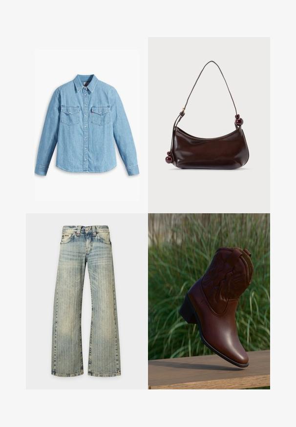 Lyseblå denimskjorte med lange ærmer, spidse krave, to brystlommer, knaplukning og subtil tekstur. Ingen synlige mønstre.; Lyseblå denimjeans med et falmet lodret stribemønster, forlommer, knaplukning og brede, lige ben.; Brun læder cowboystøvle med dekorative syninger, vinklet opad på en træflade med sløret grønt græs i baggrunden.; Mørkebrun læder skuldertaske med buet form og tynd rem, dekoreret med to store runde perler på hver side af remmen.