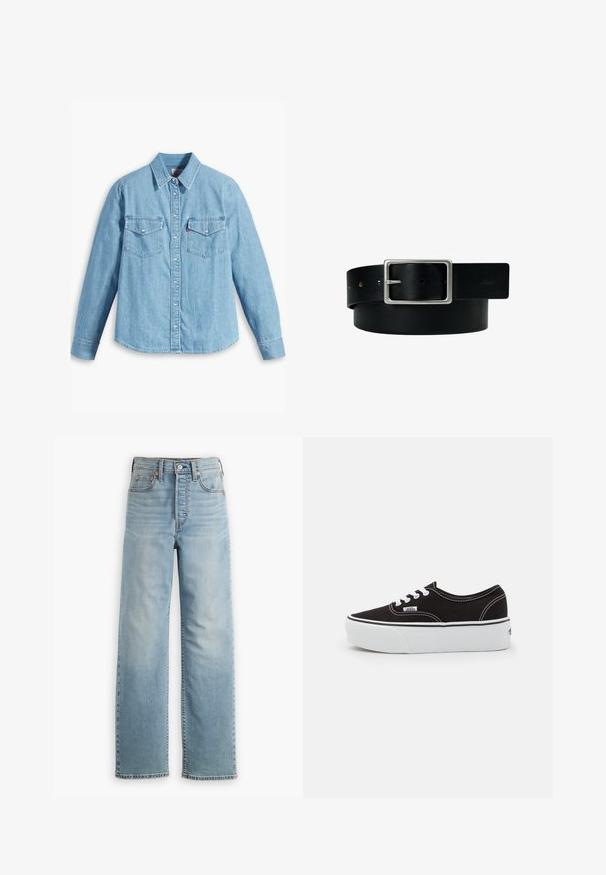 Lyseblå denimskjorte med lange ærmer, spidse krave, to brystlommer, knaplukning og subtil tekstur. Ingen synlige mønstre.; Lyseblå denimjeans med højtaljet design, lige ben, fem-lomme stil og synlige syningsdetaljer.; Sort lærred sneakers med en hvid gummi platform sål, der har hvide snørebånd og syninger, ikonisk branding på siden, lav-top design.; Sort læderbælte med sølv rektangulært spænde og flere justeringshuller, lagt fladt på en hvid baggrund.