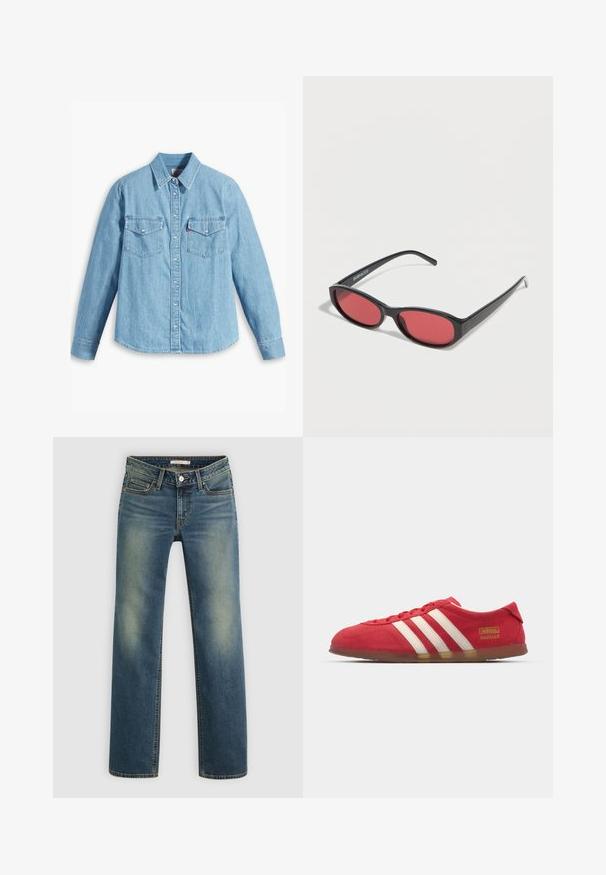 Helles blaues Denimhemd mit langen Ärmeln, spitzem Kragen, zwei Brusttaschen, Knopfleiste und subtiler Struktur. Keine sichtbaren Muster.; Blaue Jeans aus Denim mit geradem Bein, Knopfverschluss vorne, Gürtelschlaufen und ausgewaschenen Bereichen an Oberschenkeln und Knien.; Rote Wildledersneaker mit weißem Drei-Streifen-Design, flacher Außensohle und goldenen Logodetails. Niedrig geschnittenes Design mit runder Zehenpartie und Schnürverschluss.; Schwarze ovale Sonnenbrille mit schlanken Bügeln und rot getönten Gläsern, die auf einer weißen Oberfläche liegt.