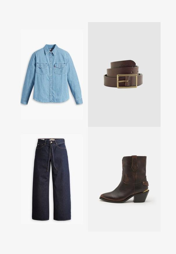 Lichtblauwe spijker blouse met lange mouwen, puntige kraag, twee borstzakken, knoopsluiting en subtiele textuur. Geen zichtbare patronen.; Wijd pijpjes donkerblauwe denim jeans met een hoge taille, voorzien van een trekkoord, vijf zakken en contrasterende stiksels.; Bruine leren cowboylaars met een puntenneus en gestapelde hak. Voorzien van een decoratief ruitpatroon en een riem met hardware accent.; Opgerolde donkerbruine leren riem met een rechthoekige messing gesp en het gegraveerde "Levi's" logo op de punt van de riem.