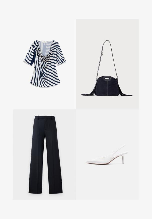 Haut bleu et blanc drapé à manches courtes, avec un motif rayé et un décolleté profond. Le tissu semble doux et léger.; Pantalons larges en noir. Coupe ajustée avec une texture lisse. Présente une rangée de clous métalliques le long des coutures latérales pour le détail.; Chaussure pour femme en cuir blanc avec bride arrière, bout pointu, petit talon kitten bas et petit nœud décoratif sur le dessus, vue de profil latéral.; Sac à main en daim bleu foncé avec des coutures blanches, une poignée découpée, une bandoulière à motif et de longues franges des deux côtés.