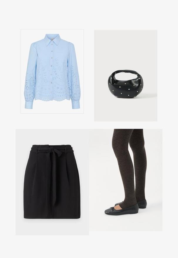 Lyseblå bluse med knaplukning foran, spids krave, lange puffede ærmer og broderet hulmønster. Scalloped afslutning.; Sort nederdel med en bundet talje-detail, der har en skræddersyet silhuet og plissee. Lavet af glat stof med en ren kantfinish.; Ben iført mørke ribbede leggings kombineret med sorte balletsko med små sløjfedetaljer på hvid baggrund.; Sort læderhåndtaske med en rundet form, dekoreret med sølvnitter, og et kort håndtag. Glat tekstur og lynlåslukning.