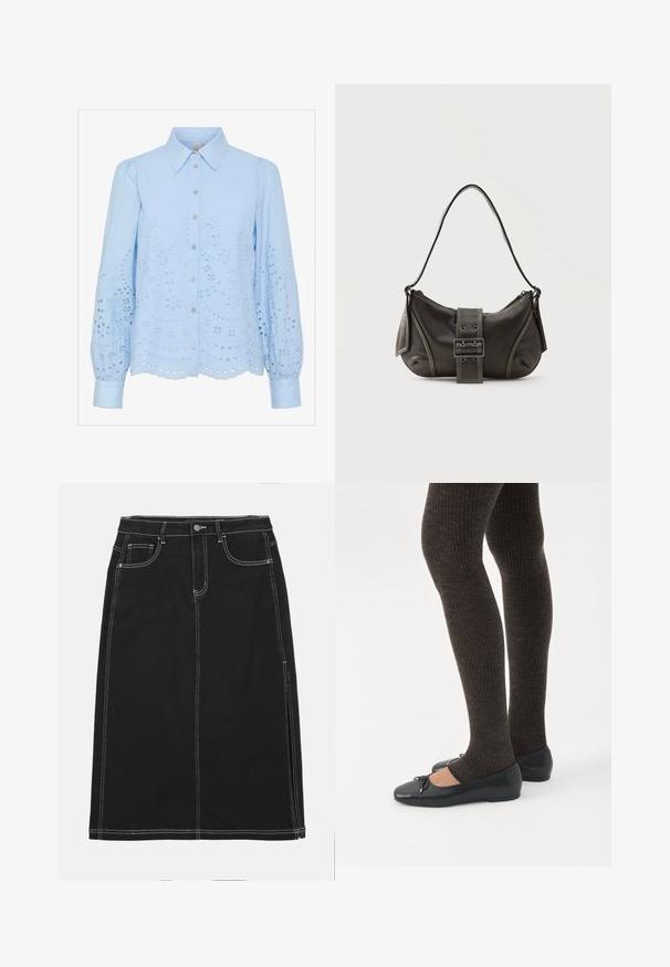 Lyseblå bluse med knaplukning foran, spids krave, lange puffede ærmer og broderet hulmønster. Scalloped afslutning.; Sort denimnederdel med ret snit, udstyret med hvid syning, knappelukning foran og to forlommer. Glat tekstur.; Ben iført mørke ribbede leggings kombineret med sorte balletsko med små sløjfedetaljer på hvid baggrund.; Sort læder skuldertaske med spænde på remmen, afrundede kanter og kontrasterende hvide syninger på en ensfarvet baggrund.