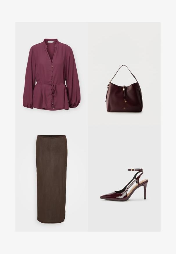 Blouse prune à manches longues avec col mandarin, boutons dorés sur le devant et ceinture à la taille, avec un ourlet légèrement évasé et des poignets froncés.; Jupe marron, à mi-mollet, ajustée avec une texture lisse et un léger brillant. Présente un ourlet arrondi et une fente latérale discrète pour plus de facilité de mouvement.; Chaussure à talon haut en cuir verni bordeaux avec bout pointu, sangle de cheville et découpes sur les côtés. Fini élégant et brillant.; Sac à épaule en cuir marron foncé avec un pompon tressé, des accents dorés et le logo Anna Field à l'avant, sur un fond clair uni.