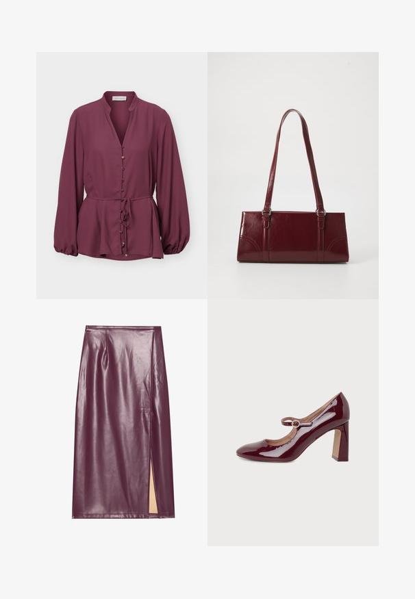 Blouse prune à manches longues avec col mandarin, boutons dorés sur le devant et ceinture à la taille, avec un ourlet légèrement évasé et des poignets froncés.; Jupe crayon en simili cuir bourgogne avec une fente sur le côté, texture lisse et détails de couture, présentant une silhouette ajustée et une coupe à la longueur des genoux.; Chaussure à talons hauts Mary Jane rouge foncé brillante, avec un bout arrondi et une bride à boucle sur le dessus, présentée sur fond blanc.; Sac à main bordeaux en matériau brillant, de forme rectangulaire, avec deux anses et des accents légèrement courbés à l'avant.