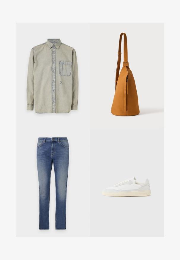 Camisa de mezclilla gris claro con cuello abotonado, mangas largas, un bolsillo en el pecho y un pequeño logotipo bordado en la parte inferior izquierda.; Jeans de mezclilla en azul medio con unlavado ligero, diseño de cinco bolsillos, forma de pierna recta y cierre de botón. Presentan un ligero desvanecimiento y sutiles acentos de costura.; Zapatilla blanca con parte superior texturizada de ante y cuero. Presenta una puntera redondeada, cierre con cordones y suela de goma beige contrastante.; Bolso bandolera de piel color canela con correa ajustable y bolsillo vertical con cremallera, mostrado de lado sobre un fondo claro y liso.