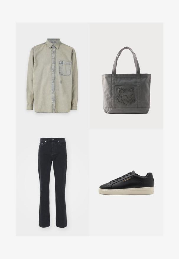 Camisa de mezclilla gris claro con cuello abotonado, mangas largas, un bolsillo en el pecho y un pequeño logotipo bordado en la parte inferior izquierda.; Vaqueros de mezclilla negra con un diseño de pierna recta, que cuentan con cinco bolsillos y un cierre de botón. La tela tiene una textura sutil y un acabado resistente.; Zapatilla de cuero negra con un acabado suave, suela crema en contraste, puntera redonda, logo dorado en el lateral y seis ojales para los cordones.; Bolsa de lona gris con dos asas y un bolsillo delantero que presenta un diseño de cabeza de lobo bordado.