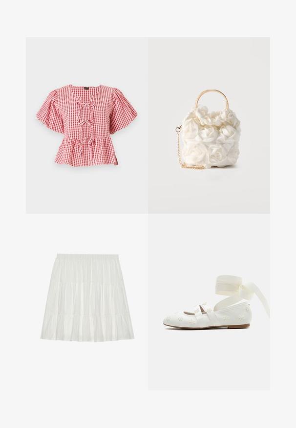 Blusa a cuadros rojos y blancos con mangas abullonadas, detalle de lazo en el cuello y dobladillo peplum. Fabricada en un tejido ligero.; Falda blanca de múltiples capas con un acabado texturizado. Cuenta con una cinturilla elástica y volantes en capas, creando una silueta fluida.; Bailarina blanca con flores bordadas, doble tira sobre el pie y lazos largos de cinta en el tobillo sobre un fondo liso.; Bolso blanco adornado con rosas de tela, con un asa circular dorada y una correa de cadena dorada sobre un fondo liso.