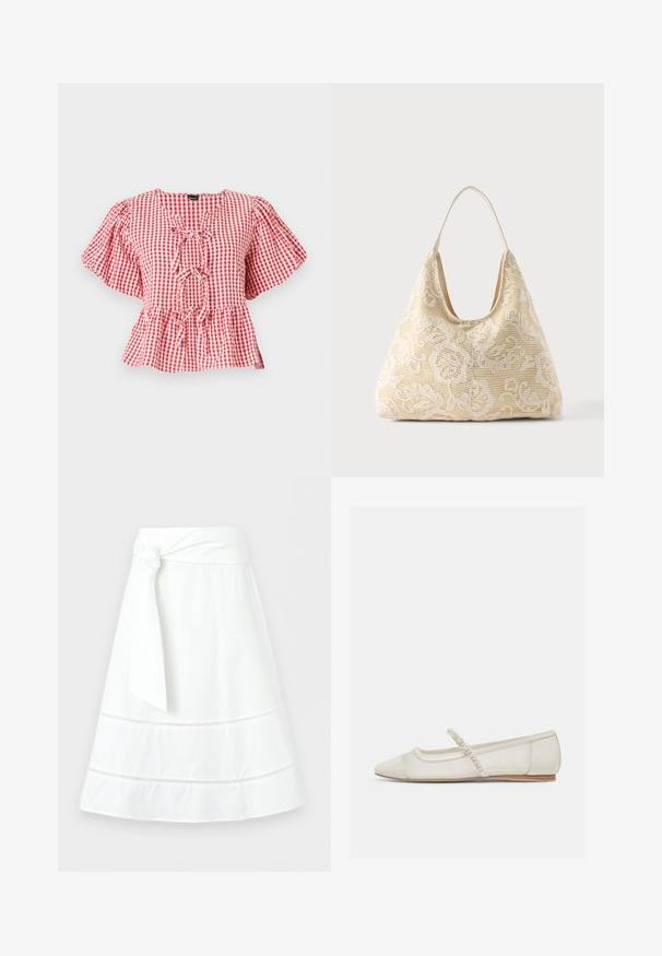 Rood-wit geruite blouse met puffmouwen, een strikdetail bij de hals en een peplum-zoom. Gemaakt van lichtgewicht stof.; Witte A-lijn rok met een brede tailleband die aan de zijkant in een knoop is gestrikt en decoratieve horizontale kanten inzetstukken bij de zoom.; Off-white platte schoen met puntige neus, parelversierde band en lage houten hak, zijaanzicht op een lichte achtergrond.; Crèmekleurige stoffen draagtas met wit bloemig gehaakt patroon en een enkele dunne schouderband op een effen achtergrond.