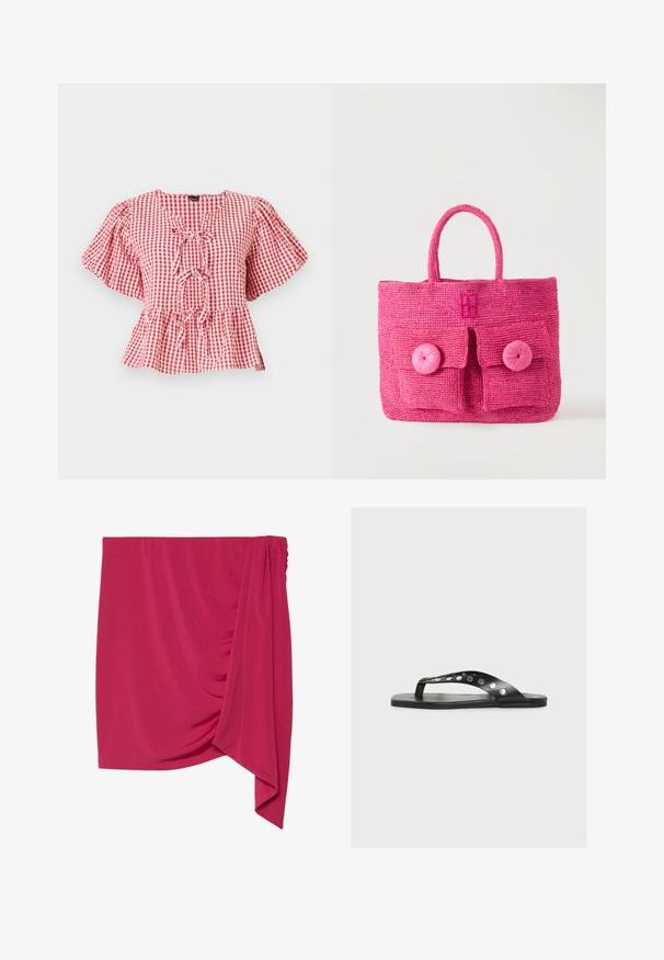 Punase ja valge ruuduline pluus, puffvarrukatega, kaelal lipsudetail ja peplum alläär. Valmistatud kergetest kangast.; Roosa, veniv mini seelik, millel on ühe külje drapeeritud disain, pehme tekstuur ja kogutud detail vööl. Ühtlane viimistlus kogu pinnal.; Mustad lamedadjalatsid laiade rihmadega, mis on kaunistatud ümmarguste hõbedaste naeltega valgel taustal.; Heledat roosat värvi kootud käekott koos kahe eesmise tasku, suurte ümarate nuppude ja ühe ümardatud käepidemega ühevärvilise heleda taustaga.