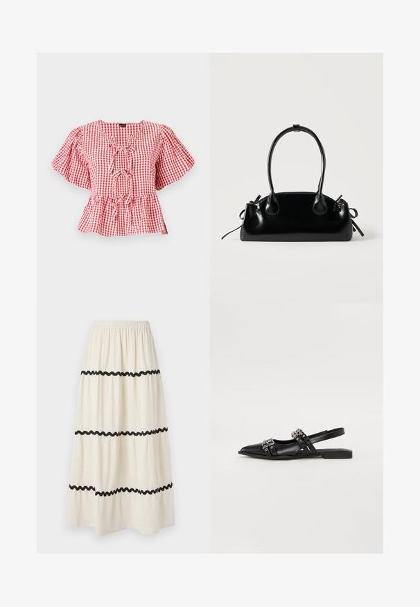 Blusa a cuadros rojos y blancos con mangas abullonadas, detalle de lazo en el cuello y dobladillo peplum. Fabricada en un tejido ligero.; Falda larga hasta el tobillo en tejido crema con ribetes ondulados en negro. Presenta una cinturilla elástica para mayor comodidad y una caída ligera y fluida.; Even&Odd Bailarinas con tira trasera - black; Pequeño bolso negro brillante con dos asas largas y detalles de cordón lateral sobre un fondo claro liso.