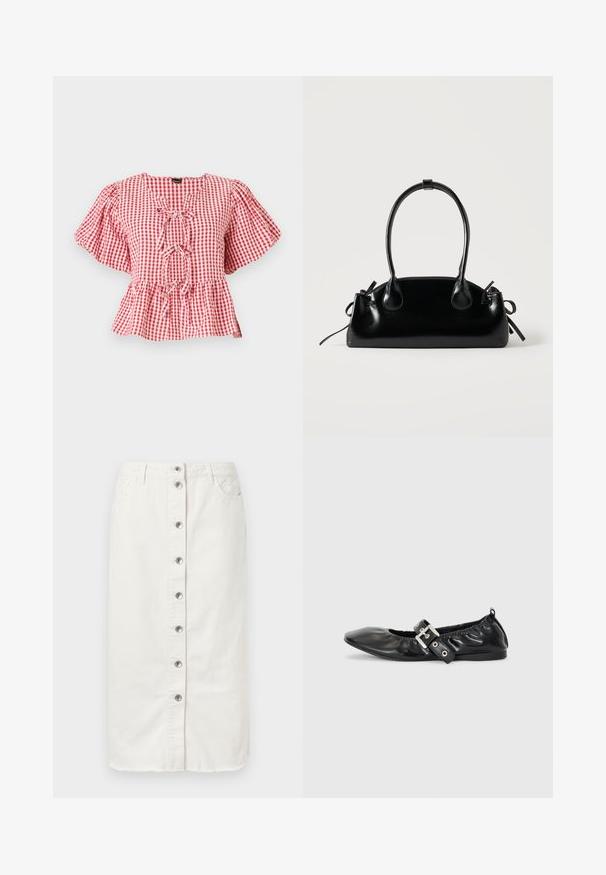 Punase ja valge ruuduline pluus, puffvarrukatega, kaelal lipsudetail ja peplum alläär. Valmistatud kergetest kangast.; Valge denim midi seelik, millel on esipoolne nööbisuletus, kaks küljetaskut ja tikandiga aktsendid vöökohtades. Omab lahtist äärt.; Must musta lamega, millel on terav nina, kokkukogutud detailid avause ümber ja hõbedane pandla aktsent reguleeritaval rihmal.; Väike must läikiv käekott kahe pika sangaga ja külgedel paelakinnitustega, ühel lihtsal helel taustal.