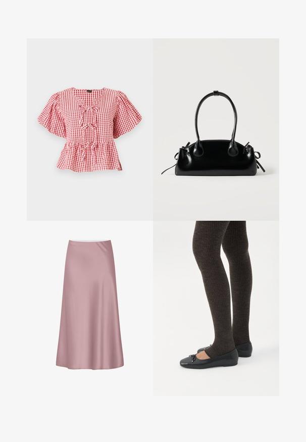 Rød og hvid tjekket bluse med puffede ærmer, en bånddetalje ved halsen og en peplum-nederdel. Lavet af letvægtsstof.; Blød lyserød satin midi-nederdel med A-formet silhuet og glat, flydende stof.; Ben iført mørke ribbede leggings kombineret med sorte balletsko med små sløjfedetaljer på hvid baggrund.; Lille sort blank håndtaske med to lange håndtag og snøre-detaljer i siden på en ensfarvet lys baggrund.