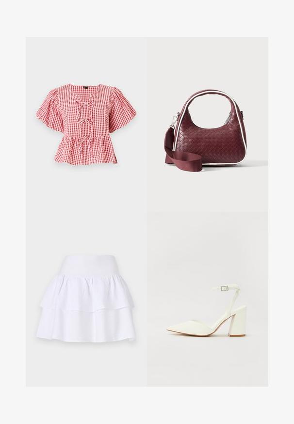 Rød og hvid tjekket bluse med puffede ærmer, en bånddetalje ved halsen og en peplum-nederdel. Lavet af letvægtsstof.; Hvid lagdelt nederdel lavet af letvægtigt stof, med et blødt design, elastisk talje og to voluminøse lag.; Hvide hælede sandaler med spids tå, justerbar ankelrem og en kraftig firkantet hæl. Glat tekstur med minimale syninger.; Mørkerød vævet lædertaske med buet hank, hvid kant, sølv lynlås og aftagelig bred stofskulderrem mod en ensfarvet baggrund.
