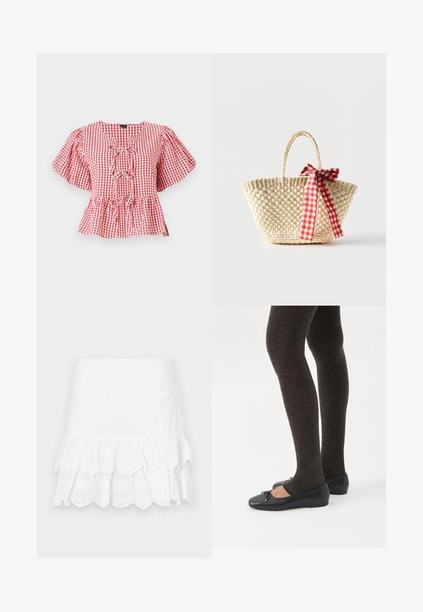 Blusa a cuadros rojos y blancos con mangas abullonadas, detalle de lazo en el cuello y dobladillo peplum. Fabricada en un tejido ligero.; Falda blanca de algodón con un diseño de volantes en capas y bordado de ojales en el dobladillo. Textura suave, por encima de la rodilla.; Piernas con leggings oscuros acanalados combinados con bailarinas negras que presentan pequeños detalles de lazo sobre un fondo blanco.; Bolso tote de paja tejido con asas trenzadas y un lazo de cinta a cuadros rojos y blancos atado a un lado.
