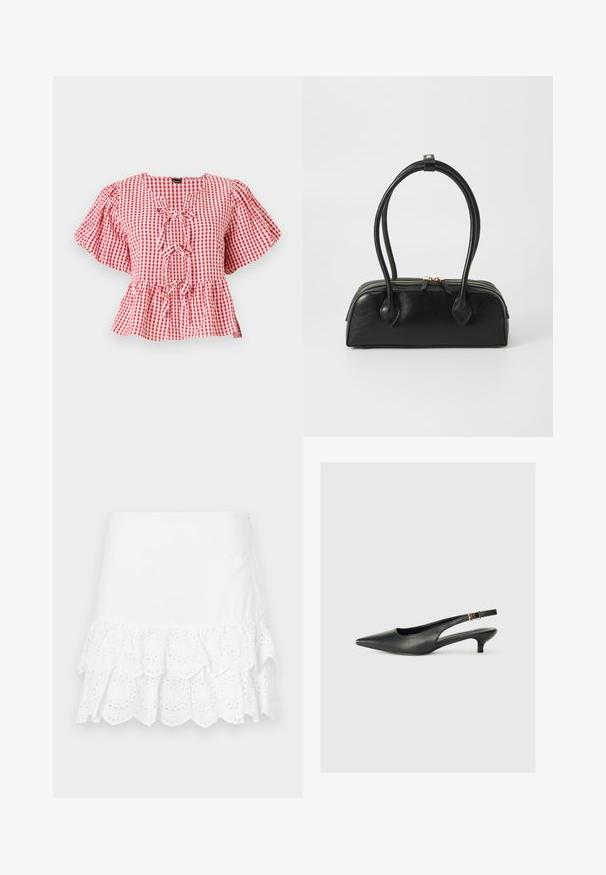 Punase ja valge ruuduline pluus, puffvarrukatega, kaelal lipsudetail ja peplum alläär. Valmistatud kergetest kangast.; Valge puuvillane seelik, millel on kihiline volangides disain ja silmade tikand allääres. Sile tekstuur, põlve kõrgus.; Must musta säärega king, mis on valmistatud siledast nahast. Omab peenikest kontsa ja reguleeritaval rihmal on pandla detail.; Must mustroheline nahast käekott kahe pikema käepidemega, lukuga ja ümar kuju; sile tekstuur kerge läikiva viimistlusega.