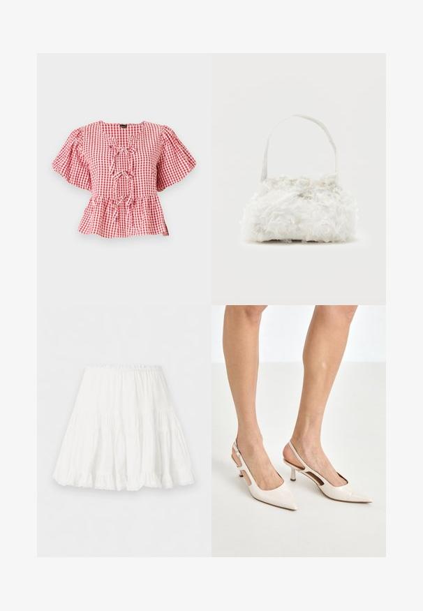 Rot-weißer karierter Bluse mit Puffärmeln, einer Krawattendetail am Hals und einem Peplum-Saum. Hergestellt aus leichtem Material.; Weißer Stufenrock mit elastischem Bund und gerafftem Saum, aus leichtem Stoff gefertigt.; Beige Lackleder Slingback-Absätze mit spitzem Fuß und 5 cm Absatz, mit ausgeschnittenen Seiten und einem schmalen Knöchelriemen.; Kleine weiße Handtasche mit Stoffrosen, die den Körper bedecken, und einem dünnen Einzelriemen vor einfachem Hintergrund.