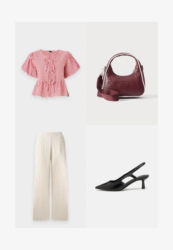 Punase ja valge ruuduline pluus, puffvarrukatega, kaelal lipsudetail ja peplum alläär. Valmistatud kergetest kangast.; Kreemikarva laiad püksid tekstuuriga, volditud disainiga ja elastse vöökohaga. Sirge lõige pehme ja voolava välimusega.; Mustad musta värvi slingback kontsakingad terava ninaga, valmistatud läikivast materjalist, millel on lõikeaktsendid ja mõõdukas konts toestamise jaoks.; Väike bordoopunutud nahkkäekott kumerate käepidemete, valgete äärte, hõbedase tõmblukuga ja eemaldatava laiast kangast õlarihmaga lihtsa taustaga.