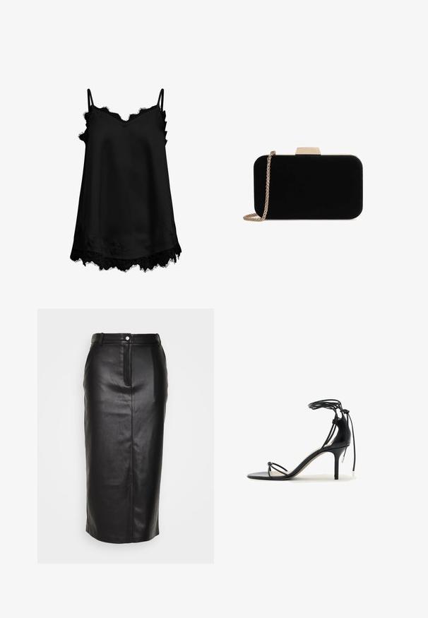 Camisole en crêpe noire avec fines bretelles réglables, bordure en dentelle festonnée au niveau du décolleté et de l'ourlet, présentant des motifs floraux délicats.; Jupe crayon en cuir noir avec une fente à l'avant, taille haute et fermeture par un unique bouton-pression. Texture lisse et brillante avec un minimalisme dans les détails.; Sandale noire à talon haut avec fines brides, lien autour de la cheville et talon aiguille de hauteur moyenne sur fond blanc.; Pochette en velours noir avec quincaillerie dorée, de forme rectangulaire, et une bandoulière en chaîne, présentant une texture lisse et sans motifs visibles.