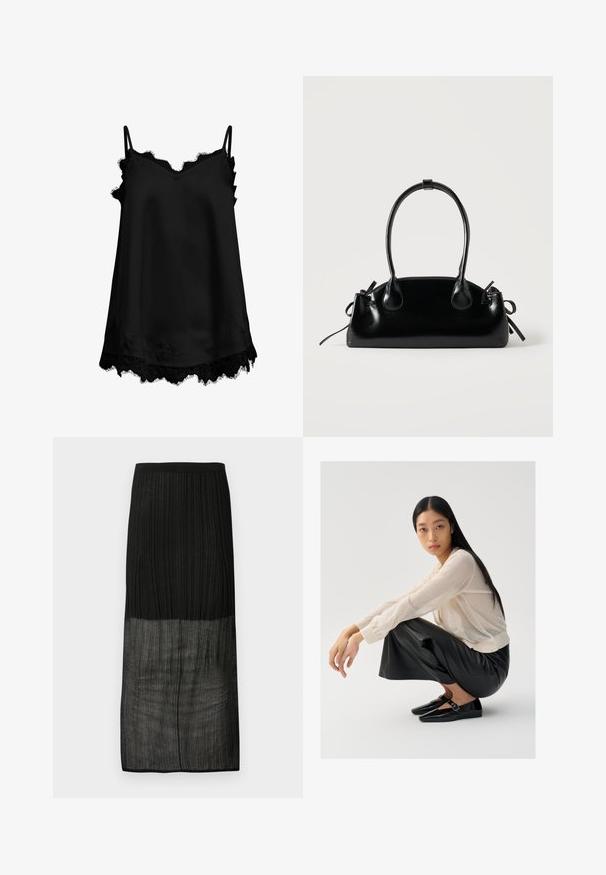 Camisole en crêpe noire avec fines bretelles réglables, bordure en dentelle festonnée au niveau du décolleté et de l'ourlet, présentant des motifs floraux délicats.; Jupe midi noire côtelée avec une moitié inférieure transparente et une ceinture élastique, présentée à plat sur un fond blanc.; Pull léger beige clair en maille transparente avec des manches bouffantes, associé à un pantalon large en cuir noir et des chaussures noires brillantes avec un détail de sangle.; Petit sac à main noir brillant avec deux longues anses et des détails à cordon sur les côtés sur un fond clair uni.