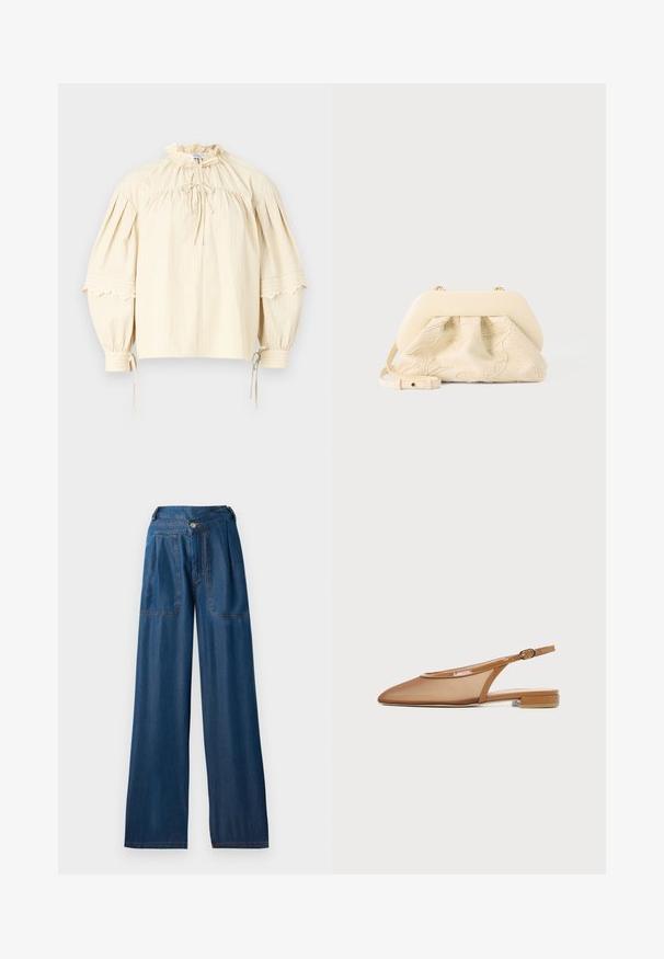 Hofmann Copenhagen SHARON - Blusa - oyster; Pantalones vaqueros de pierna ancha en azul oscuro, hechos de denim, que presentan dos bolsillos frontales, un cierre de botón y detalles de costura en naranja contrastante.; Zapato plano marrón con tira trasera, puntera puntiaguda, tira delgada con hebilla y tacón bajo de bloque sobre fondo blanco.; Bolso de tela color crema con bordado floral, marco superior redondeado y suave, y correa ajustable, colocado en primer plano sobre un fondo gris claro.