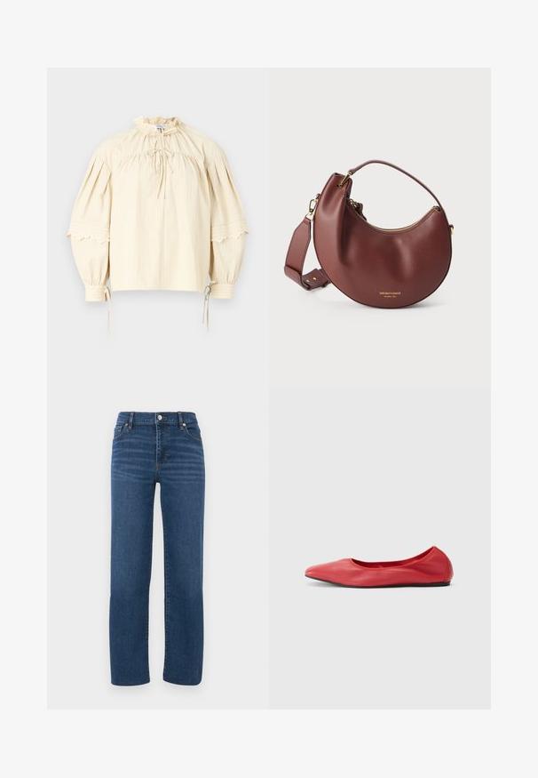 Hofmann Copenhagen SHARON - Blouse - oyster; Blauwe denim jeans met een rechte pasvorm, hoge taille, vo pockets en een klassiek vijf-pocket ontwerp. Glad textuur; minimale stikseldetails.; Filippa K REY FLATS - Ballerina's - bright red; Bruine leren handtas in halve maanvorm met gouden ritssluiting en verstelbare schouderriem op een witte achtergrond.