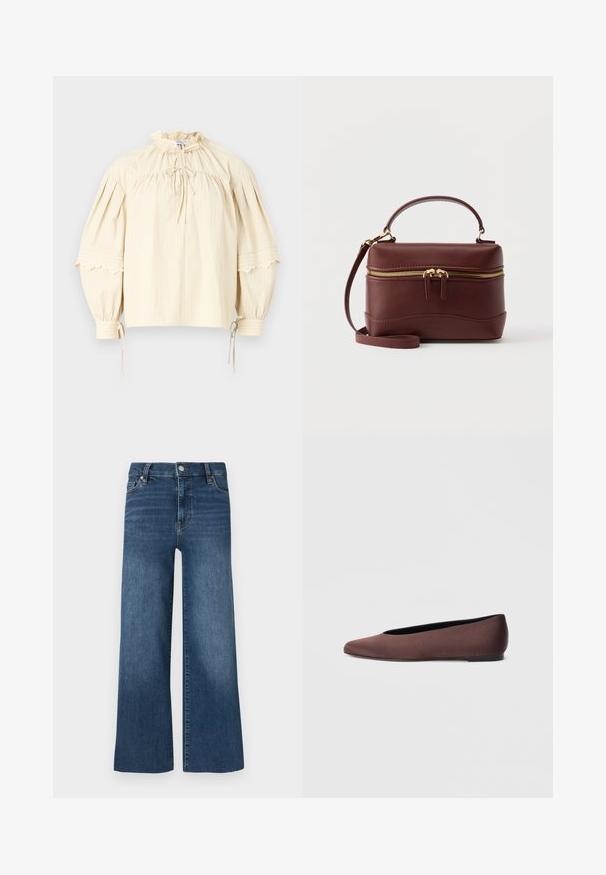 Hofmann Copenhagen SHARON - Blouse - oyster; Wijde spijkerbroeken met een medium blauwe wassing, voorzien van een knoop- en ritssluiting, vijf zakken en subtiele stiksel details.; Bruine stoffen balletschoenen met een puntige neus en een gladde textuur, voorzien van een lage achterkant en een dunne zwarte zool. Geen zichtbare patronen of metalen onderdelen.; Donkerbruine leren handtas met gouden rits, bovenhandvat en afneembare schouderriem op een effen witte achtergrond.