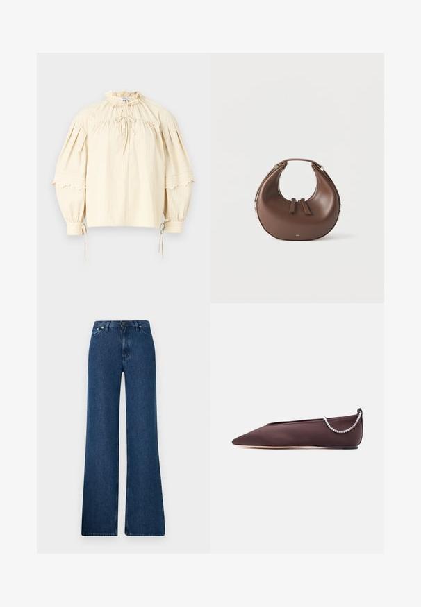 Hofmann Copenhagen SHARON - Blouse - oyster; Blauwe denim flared jeans met een hoge taille, vijf-pocket ontwerp en metalen knoopsluiting. Gladde textuur, casual stijl en minimale stiksels.; Donkerbruine platte schoen met puntige neus, lage hak en een zilveren rijglin met strassteentjes aan de achterkant.; Bruine, halvemaanvormige leren handtas met een bovenhandvat en dubbele ritssluitingen op een witte achtergrond.