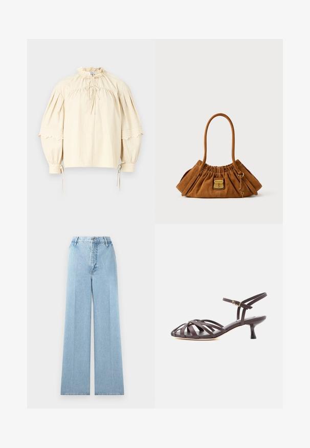 Hofmann Copenhagen SHARON - Blusa - oyster; Jeans de mezclilla de corte ancho en azul claro con una cintura alta, con cinco pasadores para cinturón, cierre frontal con botón y costuras cosidas.; Sandalia de tacón bajo tipo gatito de cuero marrón oscuro con tiras y hebilla ajustable en el tobillo, sobre fondo blanco.; Bolso de ante marrón con un diseño fruncido, que cuenta con un asa única, herrajes dorados y un cierre rectangular en la parte delantera.