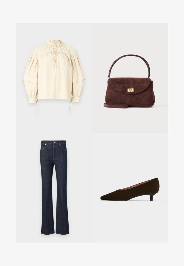 Hofmann Copenhagen SHARON - Blouse - oyster; Donkerblauwe denim jeans met een hoge taille, rechte pasvorm, knoopsluiting aan de voorkant en zichtbare stiksels op zakken en naden.; Donkerbruine suède lage kittenhiel schoen met spits toelopende neus en licht gebogen smalle hak op lichte achtergrond.; Kleine bruine suède handtas met een gebogen klep, gouden draaisluiting, korte handgreep en optionele schouderriem op een effen achtergrond.