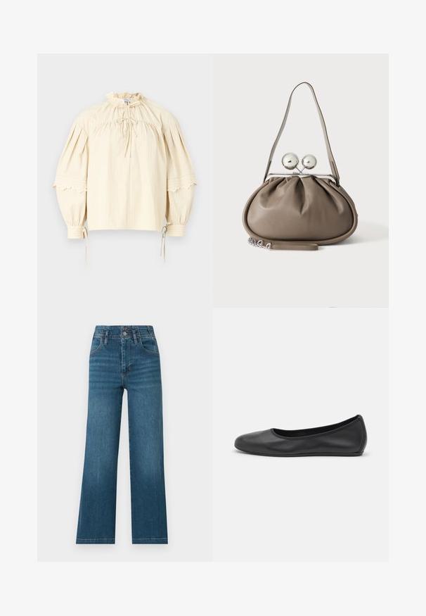 Hofmann Copenhagen SHARON - Blusa - oyster; Vaqueros de mezclilla azul de cintura alta y pierna ancha, con bolsillos delanteros, trabillas para cinturón y cierre de doble botón.; Bailarina de piel negra con punta redondeada, textura suave, detalle de costura minimalista y diseño de suela flexible.; Bolso de mano de cuero gris con forma redondeada, cierre superior con dos grandes esferas plateadas y una sola asa de correa.
