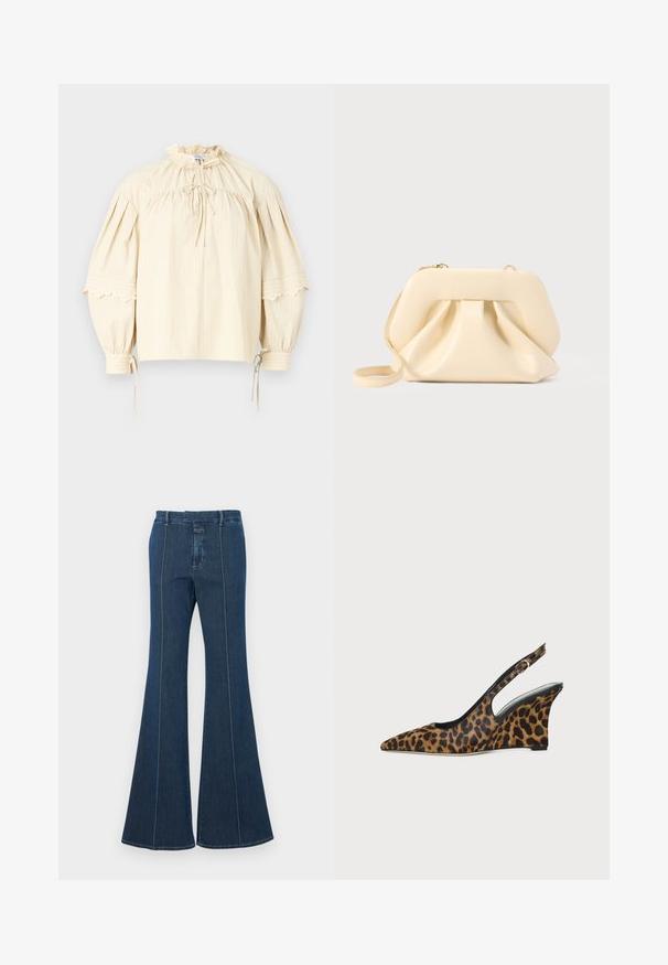 Hofmann Copenhagen SHARON - Blusa - oyster; Pantalones de mezclilla acampanados en azul oscuro, con costuras estructuradas y un acabado limpio. Presenta una cinturilla de altura media y piernas anchas y fluidas.; Zapato de mujer con puntera puntiaguda, estampado de leopardo, cuña, talón con tira ajustable y hebilla sobre fondo blanco.; Bolso clutch de cuero suave beige con estructura rígida y detalle fruncido en el frente, con una correa delgada para la muñeca y cremallera dorada.
