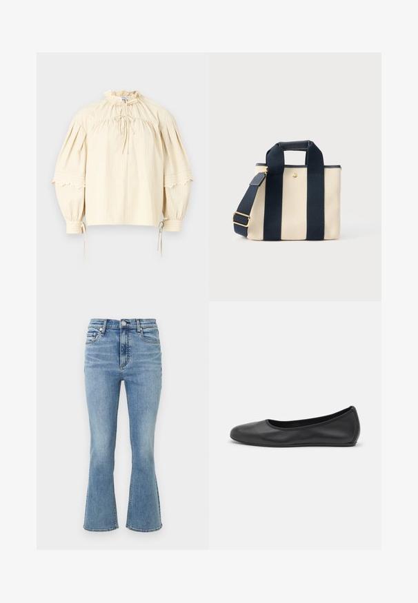 Hofmann Copenhagen SHARON - Blusa - oyster; Vaqueros de mezclilla azul claro con cintura alta, cierre de botón y cremallera, bolsillos delanteros y piernas ligeramente acampanadas.; Bailarina de piel negra con punta redondeada, textura suave, detalle de costura minimalista y diseño de suela flexible.; Bolsa tote pequeña de lona beige con dos amplias correas verticales negras, asa corta y correa de hombro ajustable con hebilla dorada.