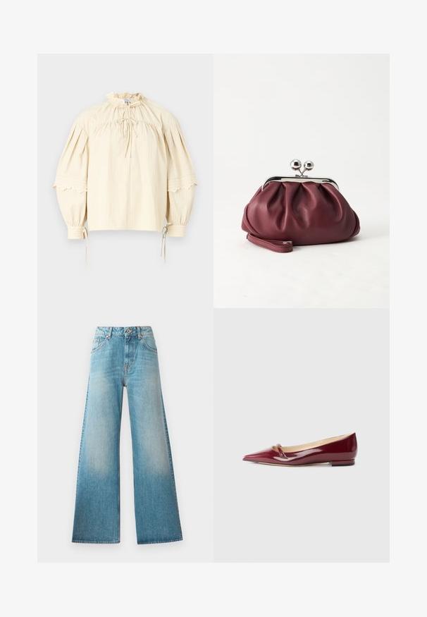 Hofmann Copenhagen SHARON - Blouse - oyster; Jean large en denim bleu clair avec taille haute, design à cinq poches et décoloration subtile le long des cuisses. Détails en métal couleur cuivre.; Ballerines en cuir verni bordeaux avec un bout pointu, présentant un petit détail découpé et un petit talon. Texture lisse et design épuré.; Petit sac pochette en cuir bordeaux avec fermoir métallique argenté et bracelet sur fond blanc.