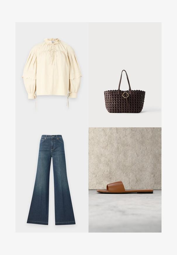 Hofmann Copenhagen SHARON - Blusa - oyster; Jeans oscuros acampanados de tiro alto, hechos de mezclilla, con cierre de botón y costuras de contraste a lo largo de las costuras.; Sandalia plano tipo slide marrón Valentino con punta abierta apoyada contra una mesa redonda de color ámbar sobre una alfombra beige.; Bolso tote tejido de color marrón oscuro con dos asas y un detalle de hebilla circular dorada en el centro sobre un fondo liso.