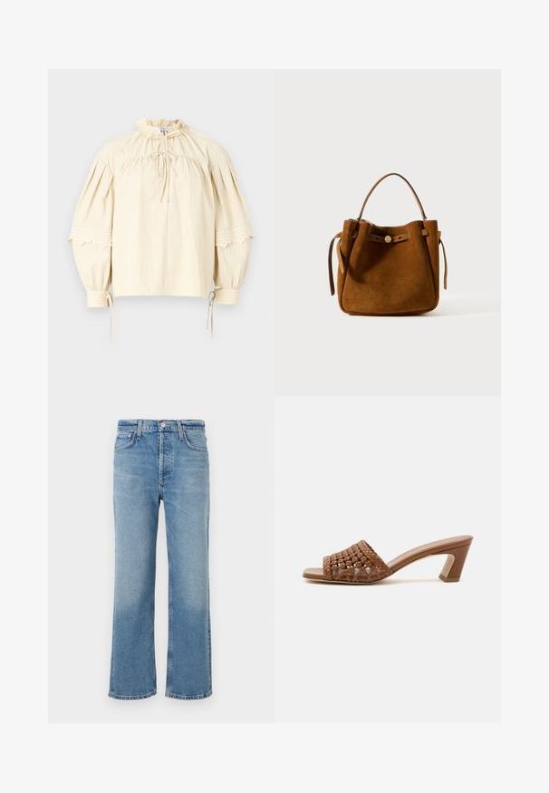 Hofmann Copenhagen SHARON - Blusa - oyster; Vaqueros de denim azul claro con corte recto, que presentan una cintura alta, cinco bolsillos y un acabado clásico, ligeramente desvaído.; Mule marrón tejido con punta abierta, tacón ancho y diseño sin cierre sobre un fondo blanco liso.; Bolso de ante marrón con forma estructurada, que presenta un asa superior, correas laterales ajustables y un pequeño acento de botón en la parte frontal.