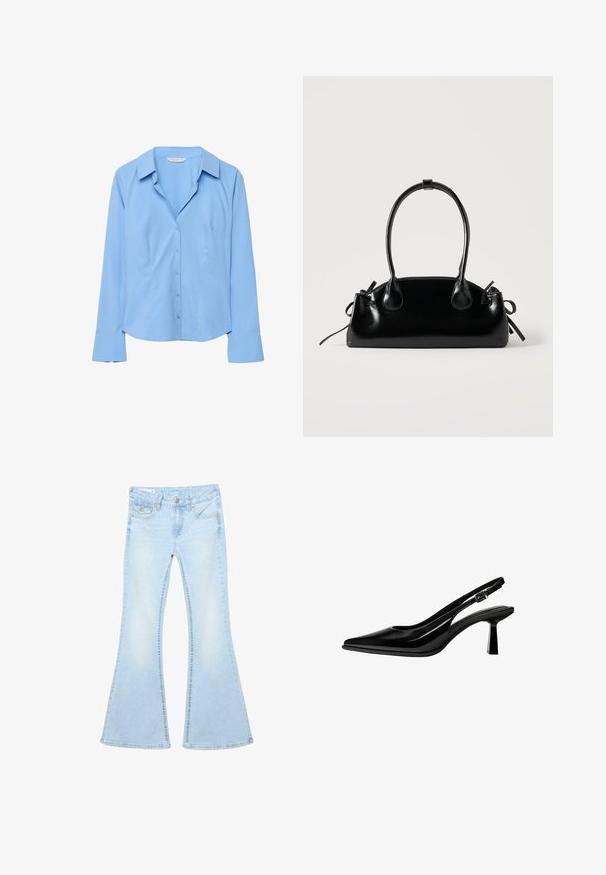 Blouse boutonnée à manches longues bleu clair avec col et larges poignets, coupe ajustée, présentée sur un fond blanc.; Jeans évasés bleu clair avec poches avant, fermeture à boutons, passants de ceinture et un léger délavage du haut de la cuisse jusqu'au genou.; Escarpin slingback en cuir verni noir avec bout pointu, talon bloc de hauteur moyenne et bride réglable à boucle sur fond blanc.; Petit sac à main noir brillant avec deux longues anses et des détails à cordon sur les côtés sur un fond clair uni.