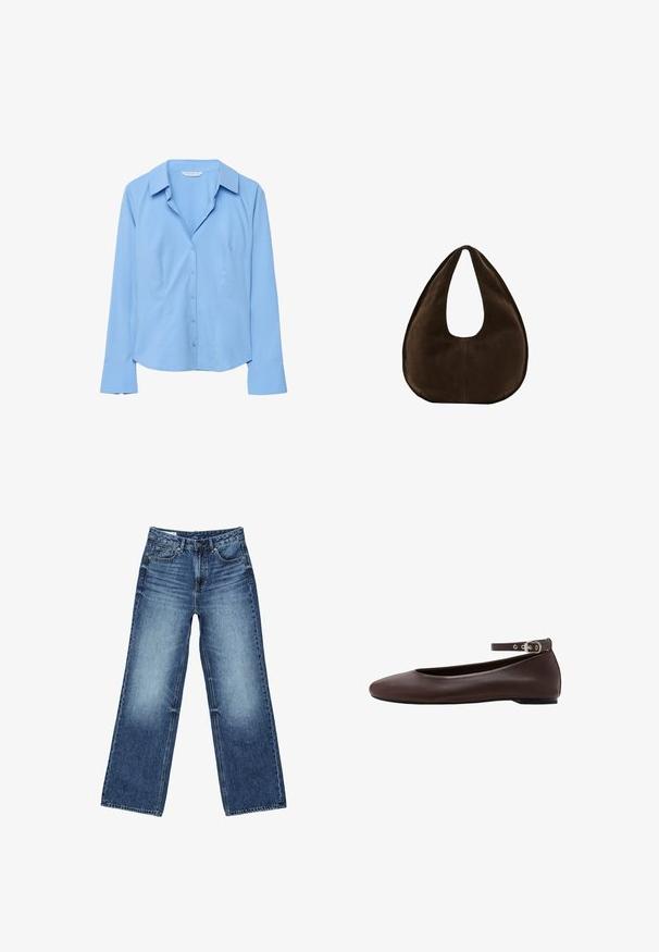 Blouse boutonnée à manches longues bleu clair avec col et larges poignets, coupe ajustée, présentée sur un fond blanc.; Jean denim bleu à jambes larges avec poches avant et poche monnaie, fermeture à boutons, et lavage délavé sur les cuisses et les genoux.; Chaussure plate marron foncé avec bout arrondi et bride de cheville réglable avec boucle argentée sur fond blanc.; Sac à main en daim marron foncé en forme de croissant avec une seule sangle large et une texture lisse sur fond blanc.