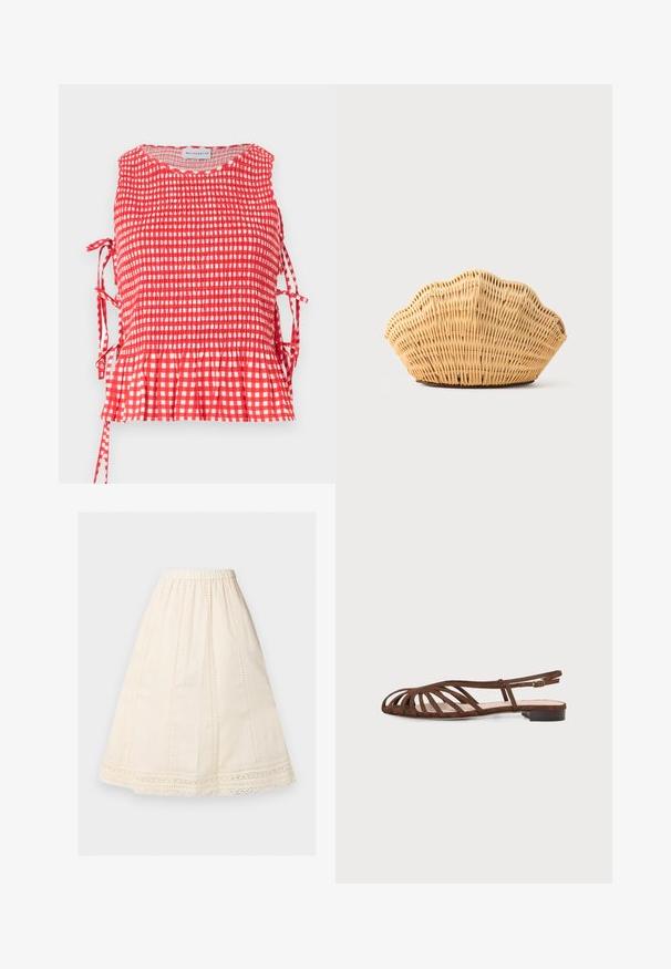 Haut sans manches à carreaux rouges et blancs avec corsage froncé, liens latéraux et ourlet à volants, étiqueté Maisonétre.; Jupe midi couleur crème, coupe trapèze, taille élastique, panneaux à points d'œillet verticaux, et bordure en dentelle le long de l'ourlet.; Sandale plate marron avec plusieurs fines lanières et une petite boucle à la cheville sur un fond clair.; Sac à main en rotin tissé en forme de coquille Saint-Jacques de couleur brun clair naturel avec des bords arrondis et texturés.