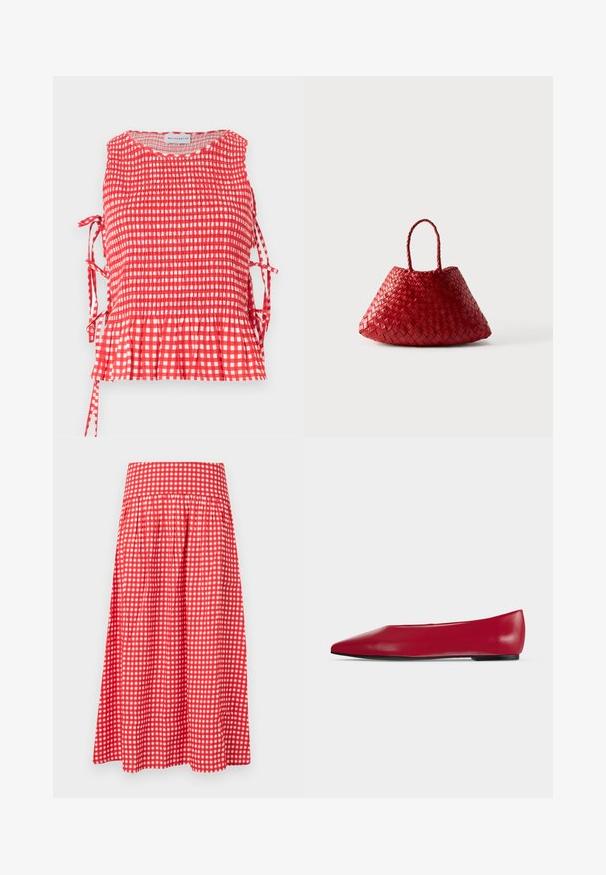 Haut sans manches à carreaux rouges et blancs avec corsage froncé, liens latéraux et ourlet à volants, étiqueté Maisonétre.; Jupe midi à carreaux rouge et blanc avec taille haute et plis rassemblés pour une silhouette évasée.; Chaussure plate en cuir rouge à bout pointu, semelle noire et petit talon, vue de profil sur un fond clair uni.; Sac à main en cuir tressé rouge avec une forme triangulaire arrondie et deux poignées tressées sur fond blanc.