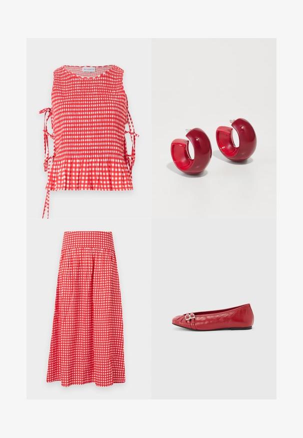 Haut sans manches à carreaux rouges et blancs avec corsage froncé, liens latéraux et ourlet à volants, étiqueté Maisonétre.; Jupe midi à carreaux rouge et blanc avec taille haute et plis rassemblés pour une silhouette évasée.; Chaussure plate en cuir rouge avec bout pointu, brides décoratives à double boucle et semelle noire, présentée de profil sur fond blanc.; Boucles d'oreilles en acrylique rouge avec une finition brillante, présentant un design courbé et ouvert, ainsi qu'un fermoir à clou. La forme est ronde et épaisse.