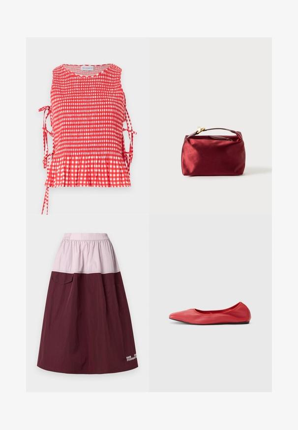Haut sans manches à carreaux rouges et blancs avec corsage froncé, liens latéraux et ourlet à volants, étiqueté Maisonétre.; Jupe bicolore avec une partie supérieure rose clair et un bas bordeaux foncé. Fabriquée dans un tissu lisse et léger, avec des poches latérales.; Filippa K REY FLATS - Ballerines - bright red; Trousse de maquillage en satin bourgogne de forme rectangulaire, avec fermeture éclair et une poignée courte. Présente un design minimaliste et une texture lisse.