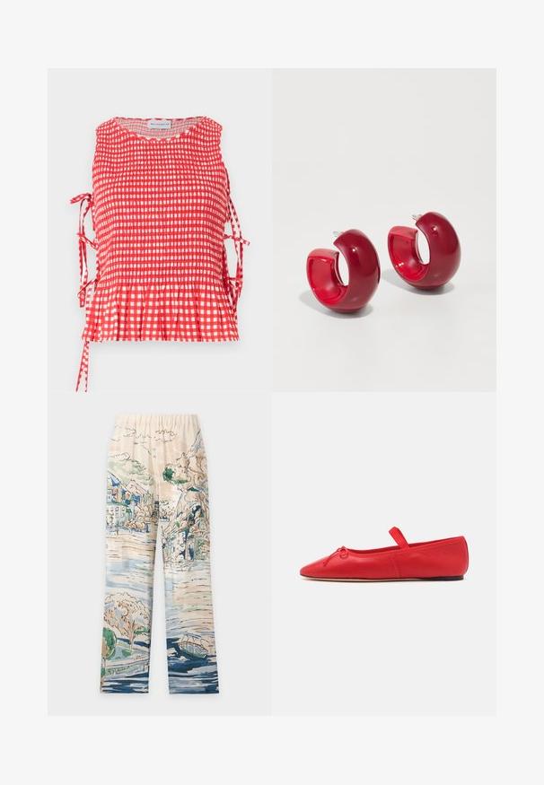 Haut sans manches à carreaux rouges et blancs avec corsage froncé, liens latéraux et ourlet à volants, étiqueté Maisonétre.; Pantalon à larges jambes avec taille élastique présentant un imprimé style aquarelle d'un village au bord de la rivière, des arbres, des montagnes et un bateau sur l'eau.; Loeffler Randall LEONIE SOFT BALLET FLAT - Babies - red; Boucles d'oreilles en acrylique rouge avec une finition brillante, présentant un design courbé et ouvert, ainsi qu'un fermoir à clou. La forme est ronde et épaisse.