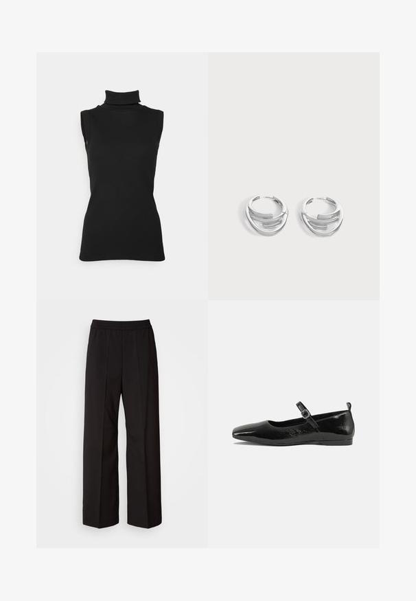Top noir sans manches en maille côtelée, avec un col haut et une silhouette ajustée. Texture lisse avec un minimum de détails.; Pantalons larges noirs avec un design plissé, une taille élastique et une texture de tissu lisse. Convient à diverses occasions.; Chaussure plate en cuir verni noir avec un bout pointu, une sangle de cheville avec boucles, et une texture lisse et brillante. Talon bas pour le confort.; Paire de boucles d'oreilles anneaux en argent poli avec un design de barre incurvée superposée sur un fond clair uni.