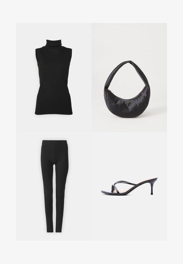 Top noir sans manches en maille côtelée, avec un col haut et une silhouette ajustée. Texture lisse avec un minimum de détails.; Leggings noirs, extensibles, avec une coupe ajustée, featuring une taille haute et une texture lisse. Sans motifs visibles ni détails en matériel.; Sandale à talon en cuir verni noir avec fines lanières croisées et talon aiguille moyen et élancé sur fond blanc.; Sac à main en satin noir avec une forme courbée, doté d'une fermeture à glissière et d'un logo triangulaire en métal à l'avant. Texture lisse et design épuré.