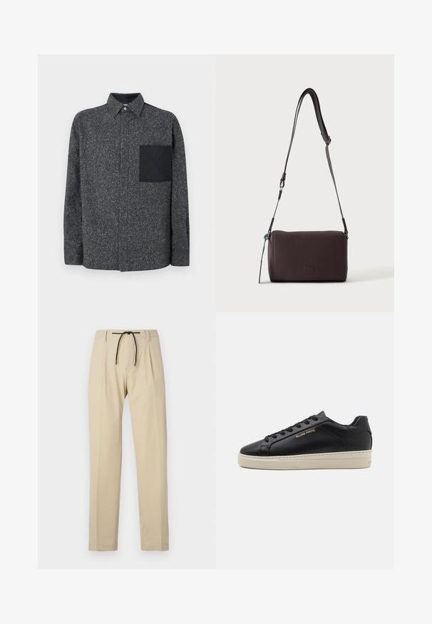 Iceberg Hemd - fantasia mix di grigi; Beige Hose mit geradem Schnitt, ausgestattet mit einem Kordelzugbund, gefältelter Vorderseite und glatter Textur. Einfaches, vielseitiges Design.; Schwarze Leder-Sneaker mit glatter Oberfläche, kontrastierender cremefarbener Sohle, abgerundeter Spitze, goldfarbenem Logo an der Seite und sechs Ösen für die Schnürsenkel.; Dunkelbraune, strukturierte Leder-Crossbody-Tasche mit verstellbarem Riemen und kleinem dekorativen blauen Akzent an der Seite.